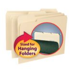 Three Smead Interior File Folders (1/3-Cut Tab, Letter Size, Manila) include circular labels saying Sized for Hanging Folders, with arrows pointing to illustrations showing compatibility with hanging folders.