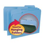 Three blue Smead Interior File Folders with 1/3-cut tabs feature a circular label Sized for Hanging Folders and an image showing a hanging folder, ideal for offices, available in boxes of 100 (10239).