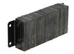 The Vestil Laminated Dock Bumper, measuring 10 x 24 x 4.5 inches, consists of rectangular black rubber pads with textured surfaces bound by side metal brackets featuring holes for simple mounting.