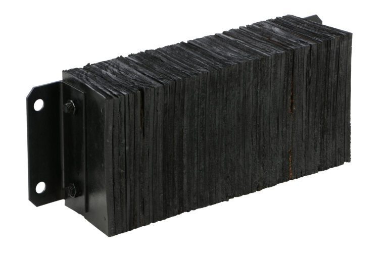 1024-6_A.jpg The Vestil Laminated Dock Bumper 10 X 24 X 6 In features a core made of thin, tightly packed black sheets attached with bolts to a black metal bracket, creating a robust industrial design.