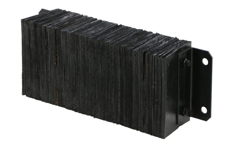 The Vestil Laminated Dock Bumper, sized 10 x 24 x 6 inches, consists of black rectangular corrugated rubber sheets bound with metal brackets and secured by bolts, showcasing a rough industrial texture.