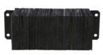 A stack of black carbon arc gouging electrodes resembles a Vestil Laminated Dock Bumper (10 x 24 x 6 in), held by two metal brackets with holes on each end, horizontally arranged, featuring rough texture and uneven edges.