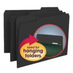 Three black Smead Interior File Folders, each with a 1/3-cut tab for easy labeling, are shown. An inset displays one folder inside a hanging file, with a red arrow pointing to the text, sized for hanging folders. Available in boxes of 100 (10243).