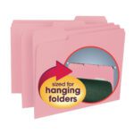 Three pink Smead Interior File Folders with 1/3-Cut Tabs, suitable for letter-size hanging folders, are shown overlapping. A red arrow and text in a yellow and red oval highlight this feature. Sold as 100 per box, model number 10263, for all your organizing needs.