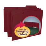 Three maroon Smead Interior File Folders, Letter Size, feature a magnified circular inset of the metal clasps at the top. An arrow with sized for hanging folders text emphasizes sturdy organization—100 per Box (10275).