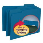 Sky Blue Smead Interior File Folders (1/3-Cut Tab, Letter Size) have a round inset for a hanging folder mechanism with a red arrow labeled sized for hanging folders. Perfect for organizing, box of 100 (10287).