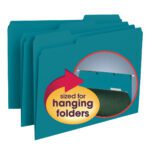 Smead 1/3-Cut Teal Interior File Folders, 100 per box (10291), are perfect for organizing your workspace. A teal folder in a hanging file frame is highlighted by a circular inset, with a red arrow and text confirming they fit letter-size hanging folders.