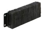 The black Vestil Laminated Dock Bumper, sized 10 x 30 x 4.5 inches, features metal brackets and bolt attachments on one end. Its compressed material-like texture and bracket holes indicate its meant for mounting or attachment.