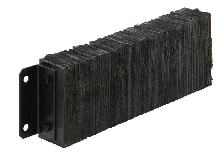 1030-4.5_A.jpg The black Vestil Laminated Dock Bumper, sized 10 x 30 x 4.5 inches, features metal brackets and bolt attachments on one end. Its compressed material-like texture and bracket holes indicate its meant for mounting or attachment.