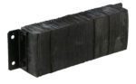 The Vestil Laminated Dock Bumper 10 X 30 X 6 In consists of thin black rubber sheets compressed between two metal brackets with mounting holes, featuring a slightly glossy textured surface.