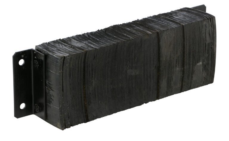 1030-6_A.jpg The Vestil Laminated Dock Bumper 10 X 30 X 6 In consists of thin black rubber sheets compressed between two metal brackets with mounting holes, featuring a slightly glossy textured surface.