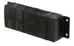 The Vestil Laminated Dock Bumper 10 X 30 X 6 In features a rectangular, textured dark rubber design with two metal mounting plates on the right, ensuring reliable protection and durability.