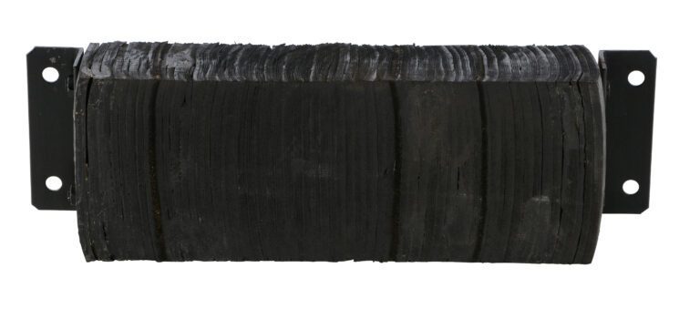 A series of black, weathered rectangular rubber sheets, like the Vestil Laminated Dock Bumper 10 X 30 X 6 In, is secured with metal brackets. The texture hints at wear and layering, with frayed edges in view.