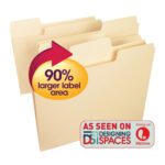 Image of Smead SuperTab File Folders, featuring a beige, manila design with a large red arrow emphasizing the 90% larger label area. These letter-size folders come in a box of 100 (10301). A bottom label states As Seen On Designing Spaces with the Lifetime channel logo.