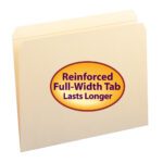 The Smead File Folder, Letter Size in Manila (Product 10310), has a reinforced straight-cut tab and includes an orange sticker with Reinforced Full-Width Tab Lasts Longer in purple text. Sold in boxes of 100.
