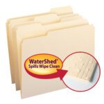 A set of four beige Smead WaterShed file folders, made from durable Manila material, features water-repellent properties with droplets beading on the surface. The reinforced 1/3-cut tabs ensure durability. Text reads WaterShed Spills Wipe Clean. Available in a box of 100 (10314).