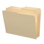 Five Smead File Folders, Reinforced 1/2-Cut Tab, Letter Size in beige manila are upright and slightly fanned out against a white background.