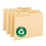 Standing upright, Smead 100% Recycled File Folders boast labeled tabs and a green recycling emblem with 100% Recycled Stock. These letter-size, manila folders are available in packages of 100 per box (10329) for your organizational needs.