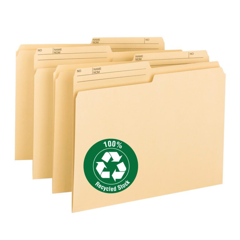 Standing upright, Smead 100% Recycled File Folders boast labeled tabs and a green recycling emblem with 100% Recycled Stock. These letter-size, manila folders are available in packages of 100 per box (10329) for your organizational needs.