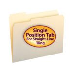 The Smead File Folder, 1/3-Cut Left Position, Letter Size in Manila (Product 10331), comes in a box of 100. It features a single top tab for straight-line filing and is designed for effortless organization.