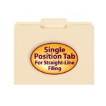 The manila Smead File Folder, 1/3-cut tab center position, reads Single Position Tab for Straight-Line Filing on a yellow oval label in red and purple text, available in sets of 100 per box (10332).