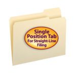 The Smead File Folder, Letter Size, 1/3-Cut Tab Right Position (10333), in Manila comes in a box of 100 with an orange oval sticker labeled Single Position Tab for Straight-Line Filing, ideal for organized storage.