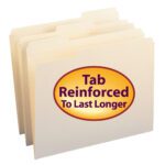A set of Smead File Folders (10334) is slightly fanned out, displaying their durability. The front folder has a large yellow oval sticker with bold red text: Tab Reinforced To Last Longer. This Manila letter-size set includes 100 folders per box, featuring reinforced 1/3-cut tabs.