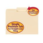 Image of a Manila Smead File Folder (10336) with Single Position Tab For Straight-Line Filing and a red sticker reading Tab Reinforced To Last Longer. Features reinforced 1/3-cut tab at the top center. Ideal for letter-size documents, available in boxes of 100.