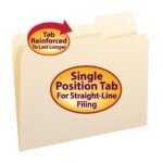 Image of a beige Smead file folder with the label Single Position Tab For Straight-Line Filing. A red circle points to the Manila tab labeled Reinforced 1/3-Cut Tab Right Position for durability. Available in boxes of 100 (10337).