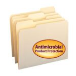 Four Smead File Folders with Antimicrobial Product Protection, 1/3-cut tab letter size in manila, feature a purple and orange label on the front one. These folders are slightly fanned to showcase their organized elegance.