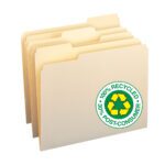 A box of 100 Smead 100% Recycled File Folders features beige, letter-size folders with staggered 1/3-cut tabs. The front displays a green recycling symbol with 100% Recycled, 30% Post-Consumer. Available in manila, they are fan-arranged. (10339).