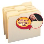 The Smead CutLess File Folders feature a round CutLess Fewer Paper Cuts label. An inset highlights a finger pointing to the 1/3-cut tab, ideal for organizing documents. Available in letter size, each box contains 100 manila folders (10341).