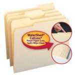 Displayed are four manila file folders, with insets showing a hand touching the tab and the textured surface. The label reads Smead WaterShed CutLess: Fewer Paper Cuts, Spills Wipe Clean. These durable folders come 100 per box (10343).