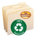The Smead 100% File Folders (10347) are letter-sized, manila folders with reinforced 1/3-cut tabs for durability. They feature a green 100% Recycled Stock emblem and an orange label stating Tab Reinforced To Last Longer, perfect for organizing documents. Comes in a box of 100.