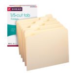 A box of 100 Smead File Folders (10350) has 1/5-cut tabs and an upright display of eight letter-size manila folders for perfect organization.