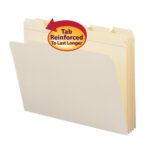 Three Smead Manila file folders with staggered tabs are slightly open, displaying a red and yellow sticker reading Tab Reinforced To Last Longer, pointing to the tabs of the 100 Per Box (10356) set.