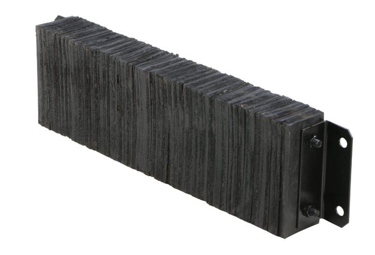 The Vestil Laminated Dock Bumper 10 X 36 X 4.5 In has a rectangular, textured rubber design mounted on a black metal plate with two attachment holes, and offers reliable impact protection with its dark gray to black ribbed surface.