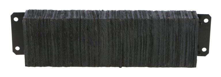 The Vestil Laminated Dock Bumper 10 X 36 X 4.5 In has a rectangular black rubber design with textured surface and metal mounting plates with screw holes on each end, shown horizontally against a white background.