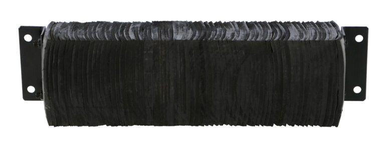 Introducing the Vestil Laminated Dock Bumper, a sleek, black bumper measuring 10 x 36 x 6 inches. It features tightly packed, horizontal laminates mounted on a metal base with screw holes, ensuring easy installation and robust protection.