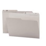 The Smead Reversible File Folder (10363) features 1/2-cut printed tabs labeled Name and No. These letter-sized, plain beige folders overlap slightly against a white background. They are available in gray with 100 folders per box.
