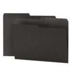 Two Smead reversible black letter-size file folders with 1/2-cut printed tabs stand upright against a white background, slightly overlapping to create depth.