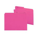 Two Smead Reversible File Folders in dark pink with 1/2-cut printed tabs overlap slightly. Tabs have black lines for Name and No. labels. These folders add color to your organization system against a white background. Product: Smead Reversible File Folder, Letter Size, Dark Pink (10368).
