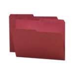 Two Smead Reversible File Folders with 1/2-cut printed tabs, product number 10369, appear maroon against a white background, one slightly in front of the other.