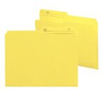 Two yellow Smead Reversible File Folders, letter size, with 1/2-cut printed tabs labeled NAME and NO, are displayed slightly open against a white background. Perfect for organizing, these folders are available in boxes of 100 (10374).