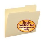 Displayed is a beige Smead file folder with a 2/5-cut single tab in the right position. The oval sticker reads, Single Position Tab for Straight-Line Filing in red and purple on an orange background. Ideal for organization, this Manila folder comes 100 per box (10385).