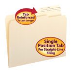 The beige Smead File Folders (100 per box) are crafted in manila, boasting reinforced 2/5-cut right position printed tabs for durability. Ideal for straight-line filing, they feature vibrant yellow and red circular labels to highlight these attributes.