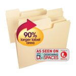 The Smead SuperTab? Heavyweight File Folder in Letter Size Manila features a 90% larger label area, highlighted by a red arrow. A badge indicates As Seen on Designing Spaces, complete with network icons. This product enhances organization and comes in a box of 50 (10401).