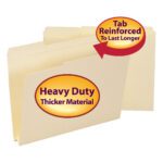 Two manila folders, one slightly ahead, display a red and yellow oval tag that reads Heavy Duty Thicker Material. A circular label points to the Reinforced 1/3-Cut Tab, highlighting the Smead File Folders durability and longevity for letter-size documents (10405).
