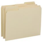 Smead File Folder with reinforced 1/3-cut tabs, letter size, manila, stands upright and slightly fanned to reveal multiple folders against a plain white background. Comes in a box of 100 (10434).