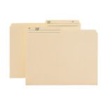 Two letter-size Smead Reversible Heavyweight Folders, resembling manila in color, are displayed vertically with 1/2-cut right printed tabs on top. Each folder features lines for Name and No. on the upper front side against a plain white background.